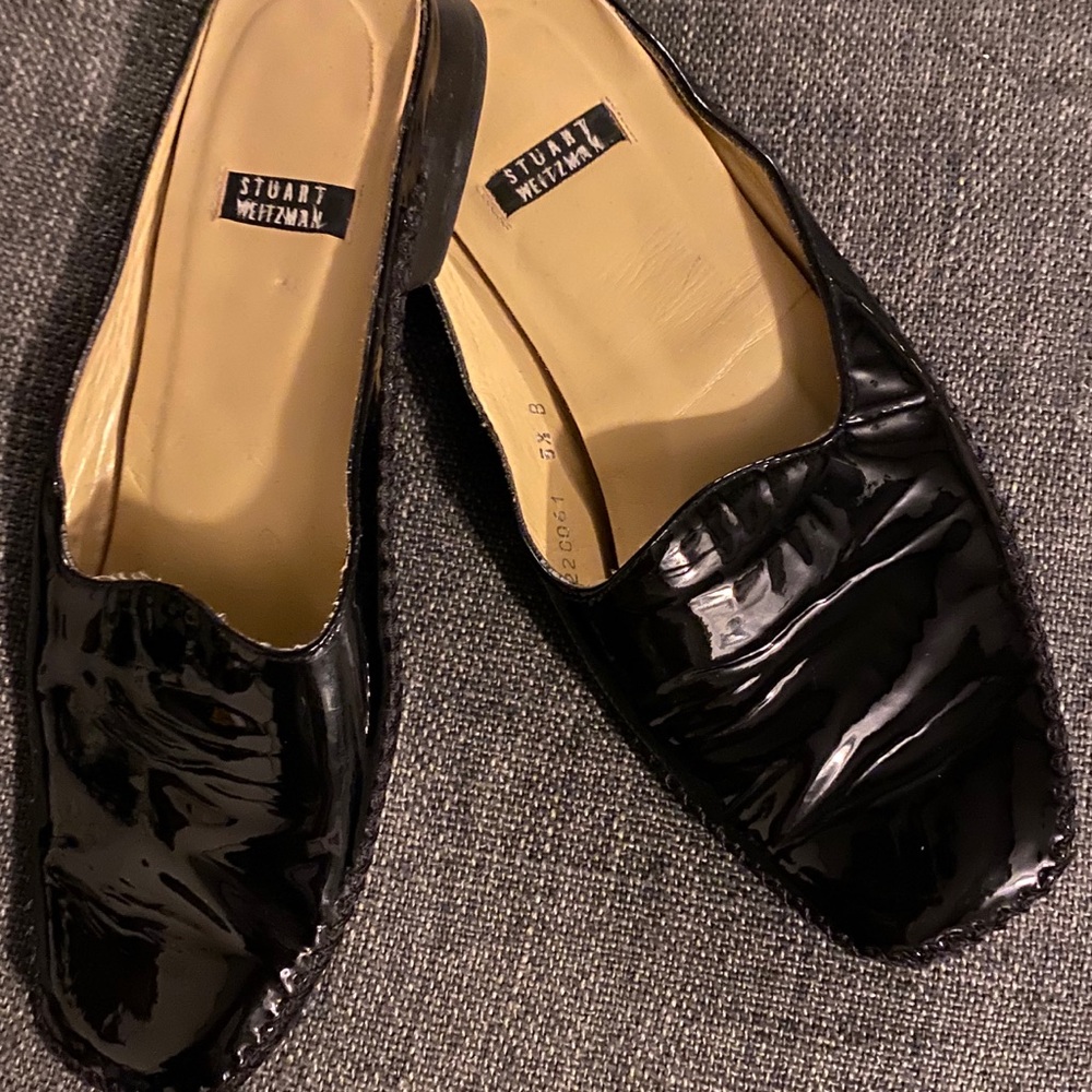 Sz 5.5 Stuart Weizmann Black Patent Leather Slip on Loafer/Flat EUC